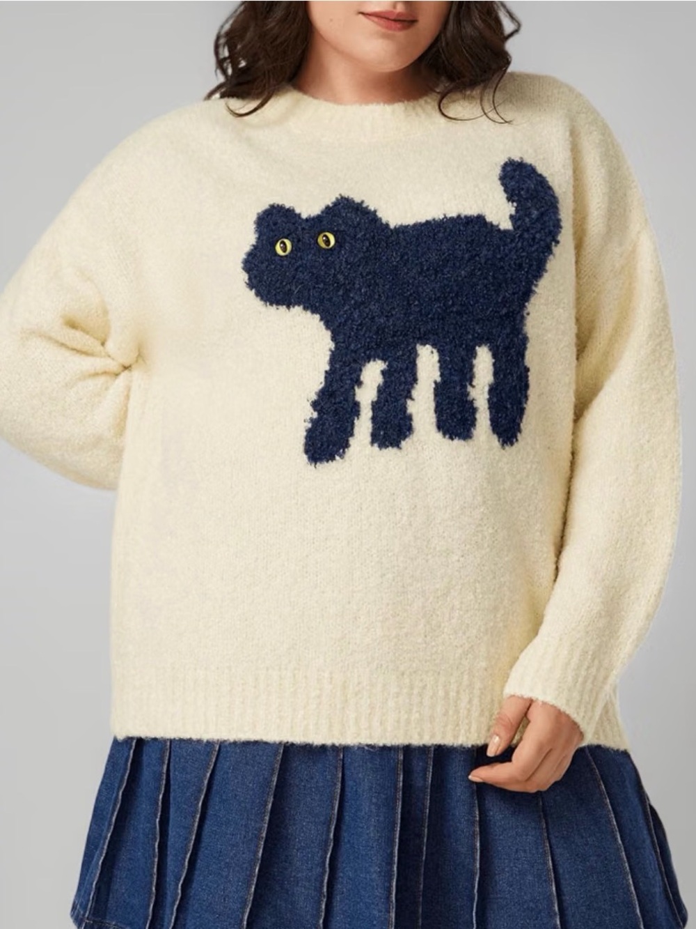 Cider Cream Sweater with Navy Cat Appliqué realistic eyes XL zz1-03